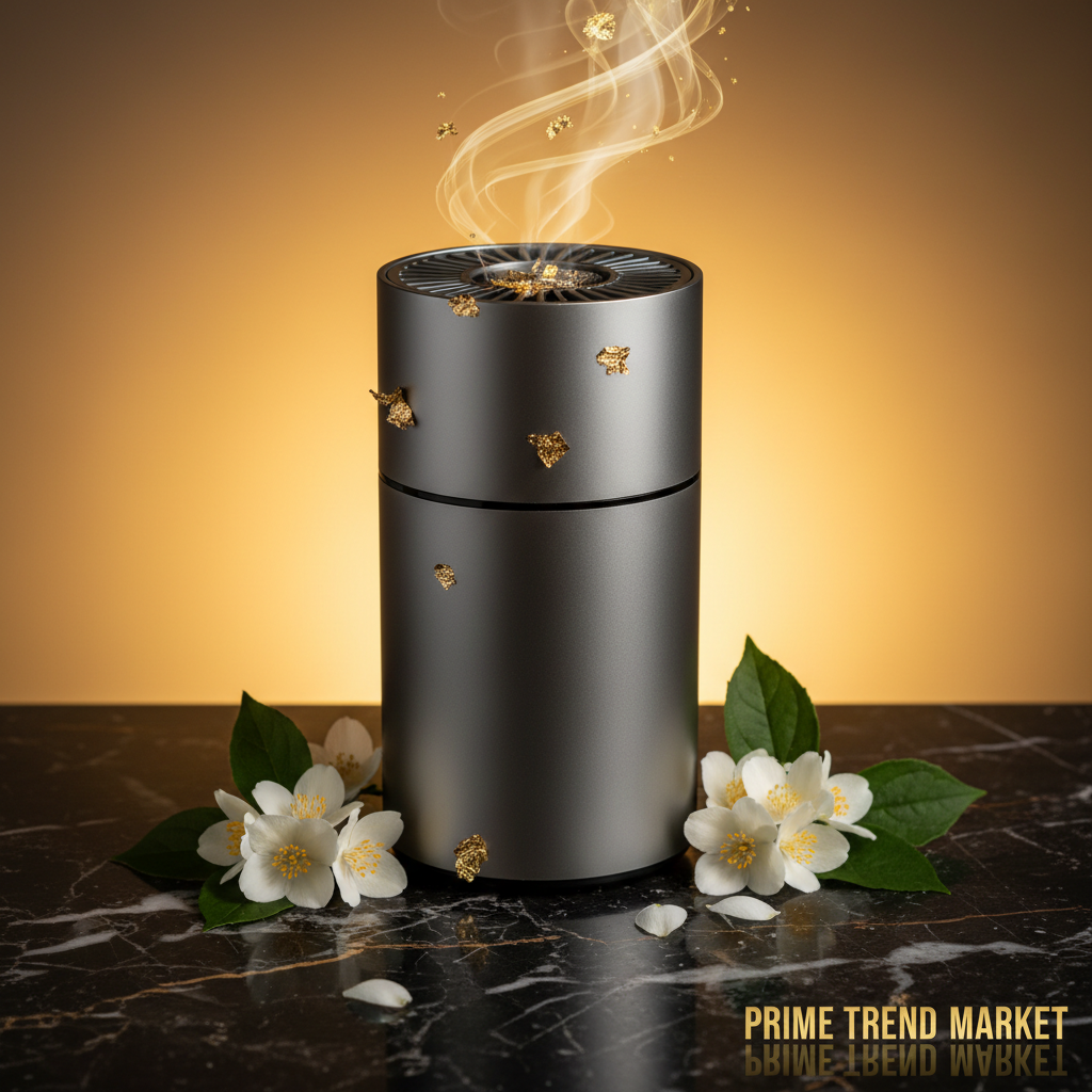 Close-up hero shot of gray mini desktop air purifier on black marble with gold accents - Prime Trend Market