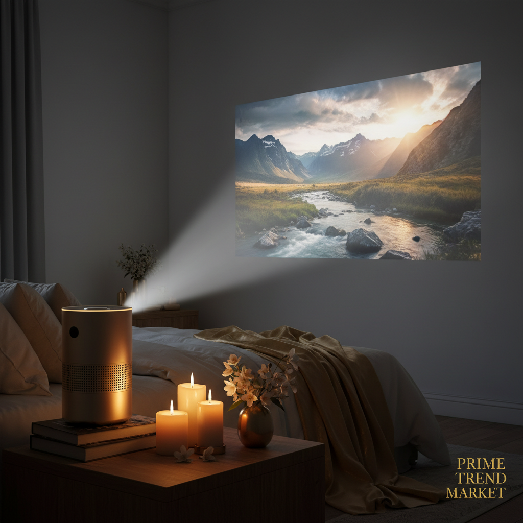 Mini projector casting cinematic image onto white wall in cozy bedroom - Prime Trend Market