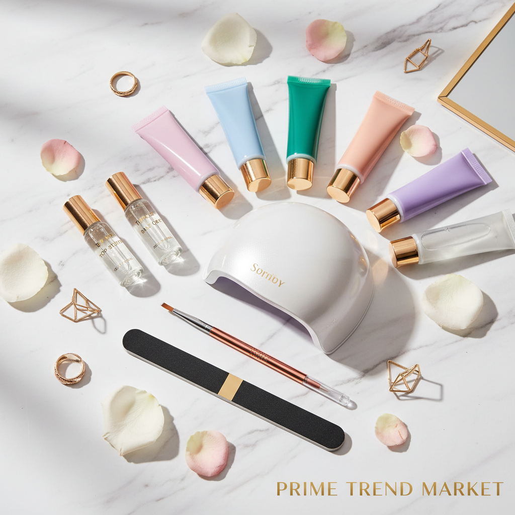 6 piece polygel nail kit luxury flatlay with UV lamp and tools on marble