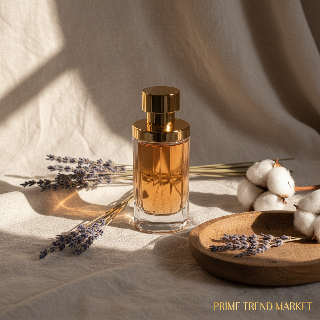 Niche perfume on linen cloth with dried lavender and wooden tray in morning light
