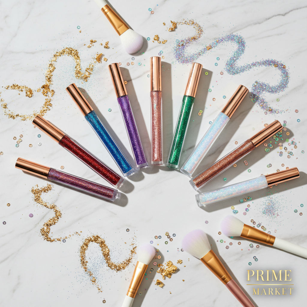 8 glitter eyeliner tubes flat lay on marble with gold shimmer