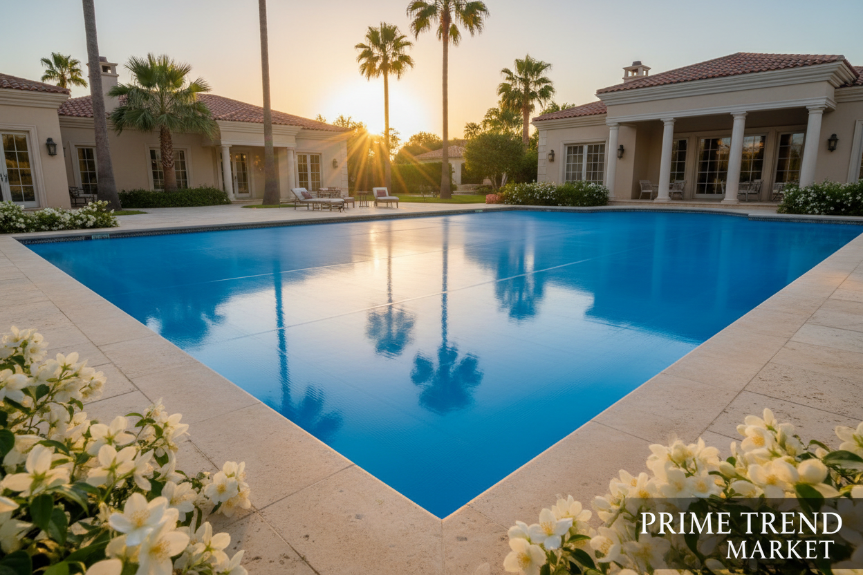 Blue pool insulation film on luxury villa square pool at golden hour