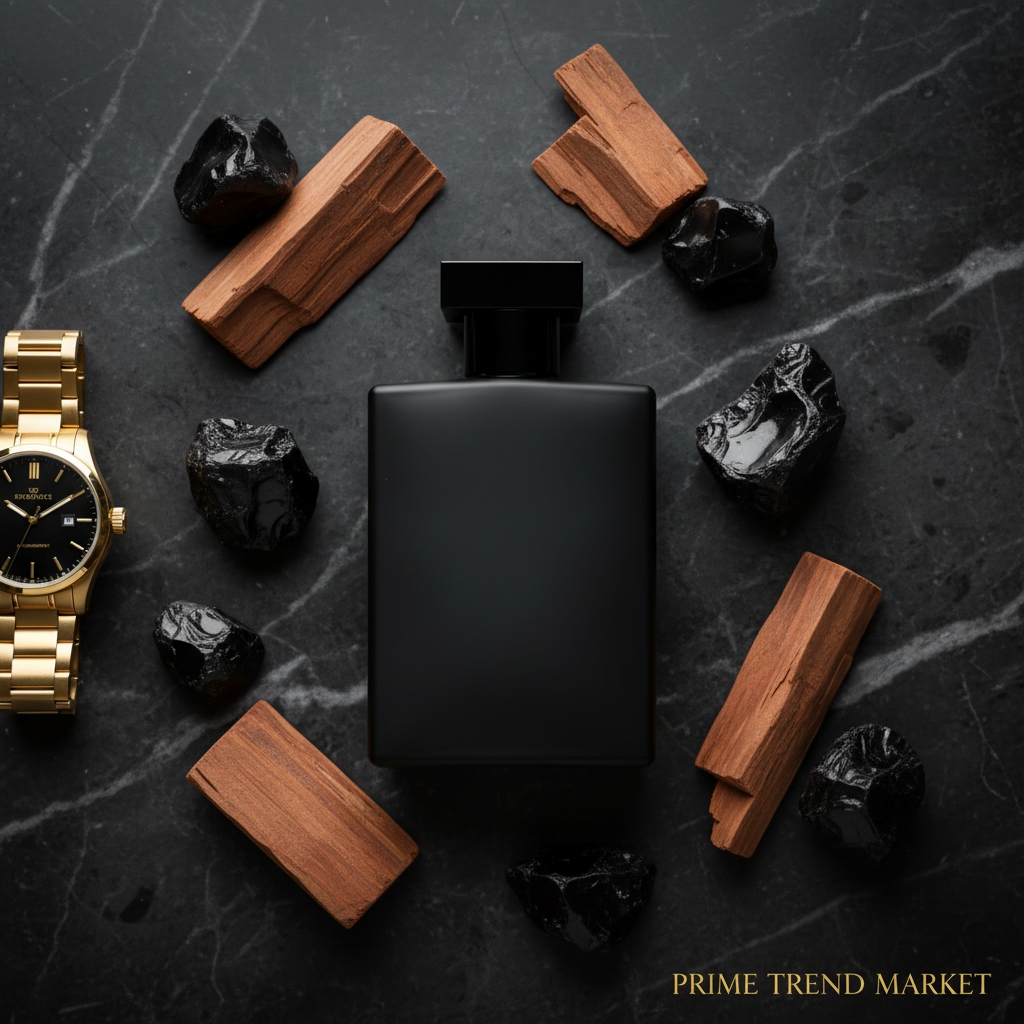 Flat lay of black perfume bottle with obsidian stones and gold watch on dark marble