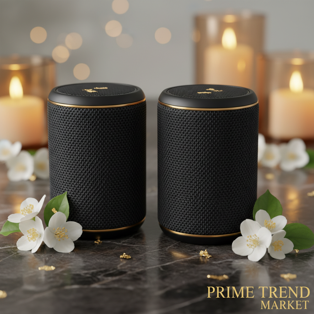 TWS stereo Bluetooth speaker pair on dark marble with gold and jasmine — Prime Trend Market