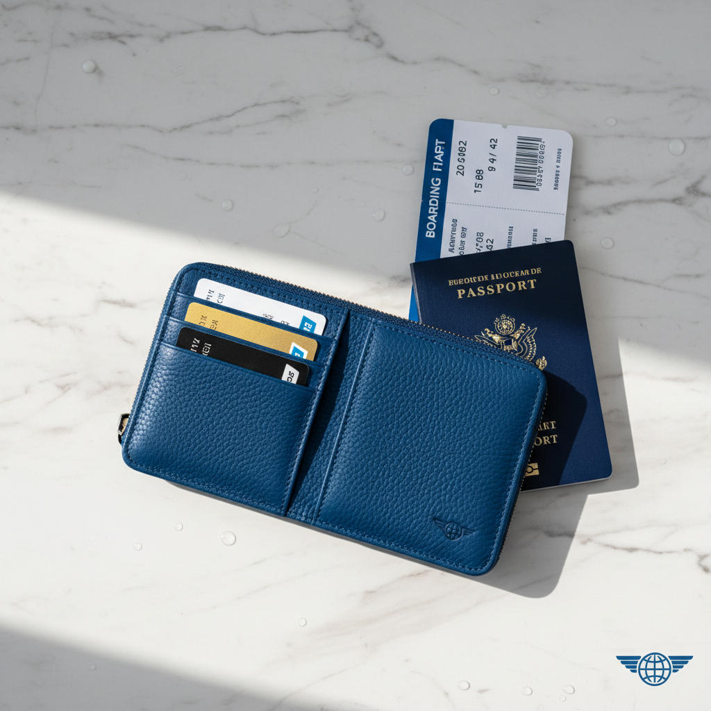 Travel passport wallet on marble surface with boarding pass and cards