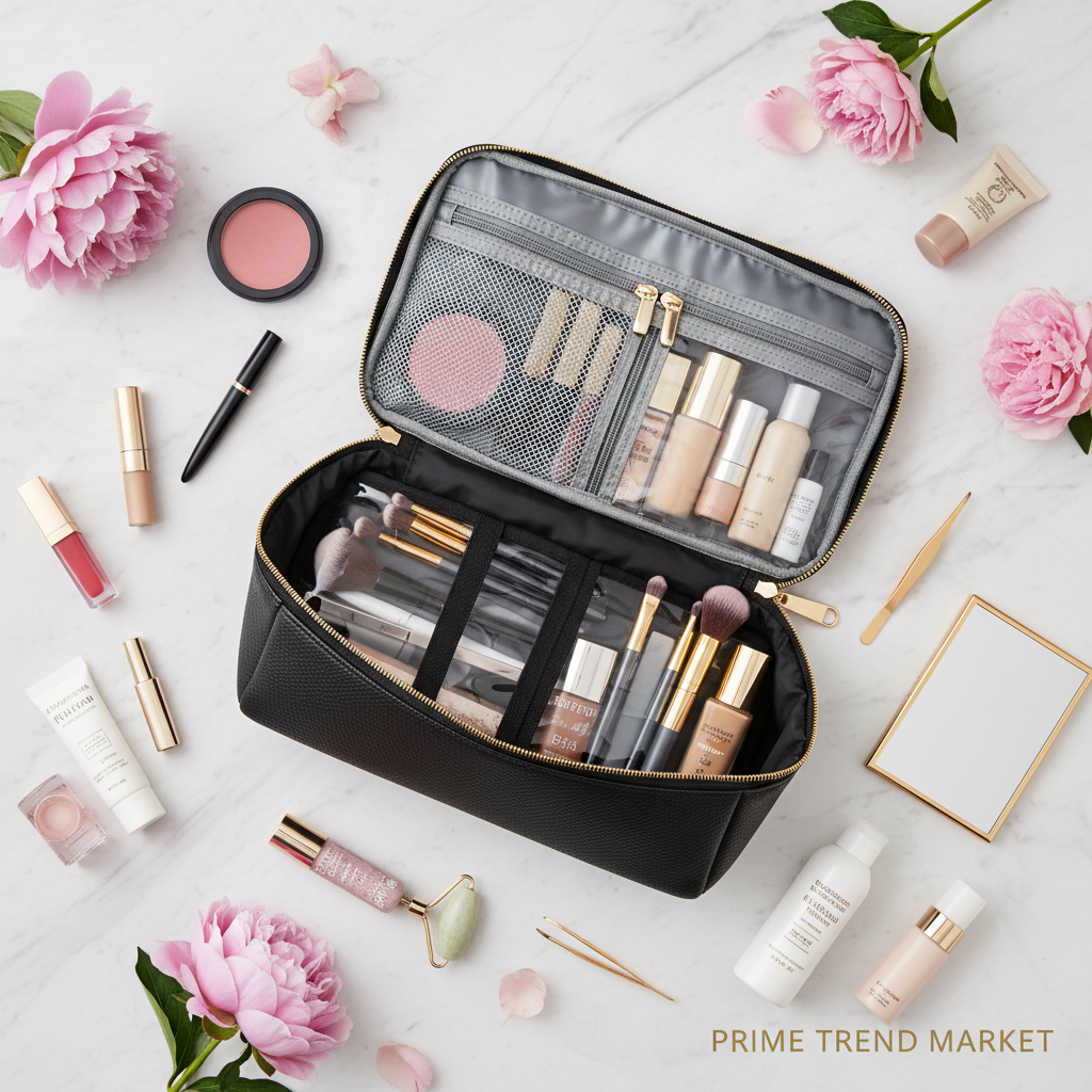 Large capacity multifunction travel cosmetic bag open showing compartments with makeup on marble