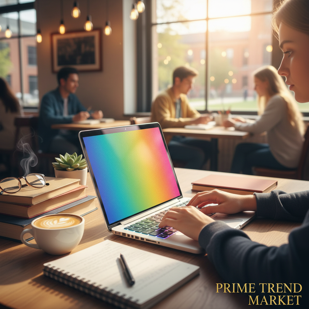 Student Using Laptop with Colorful Keyboard Cover at Cafe — Prime Trend Market