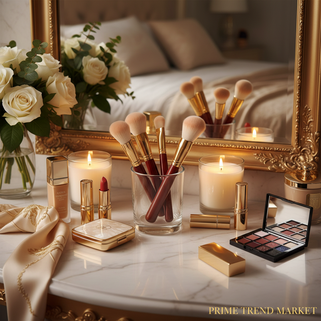 10pcs wooden handle makeup brush set on elegant vanity table