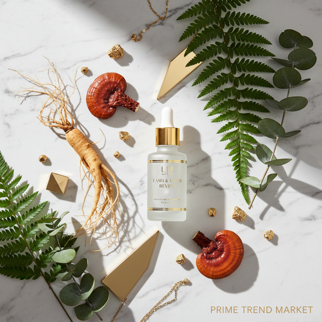 Eyebrow growth serum bottle dropper ginseng reishi botanical marble gold beauty editorial flat lay