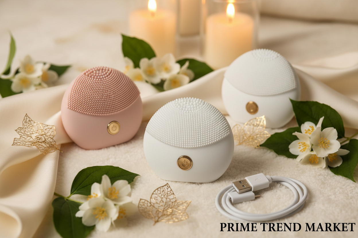 Mini Silicone Cleansing Brushes in pink and white on cream ivory surface