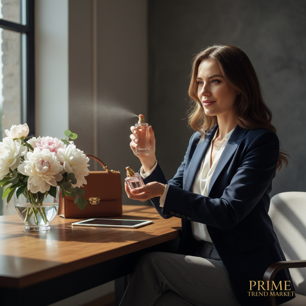 Woman spritzing perfume at office desk