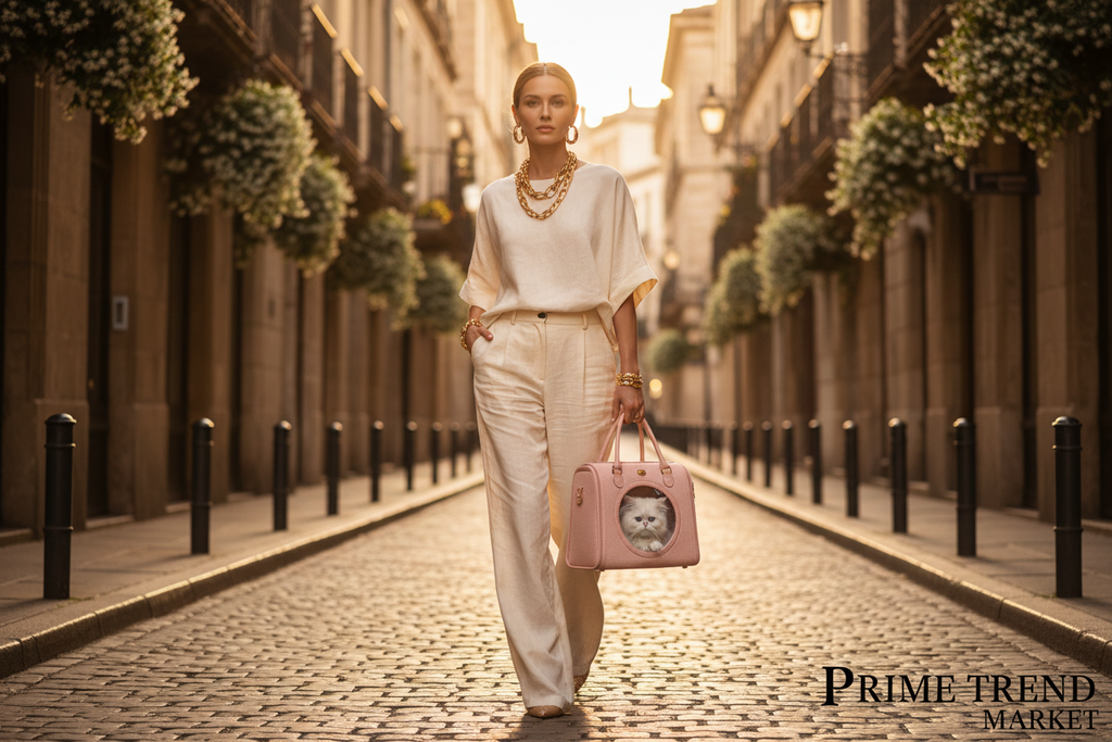 Elegant woman carrying pink pet carrier with white cat on European street