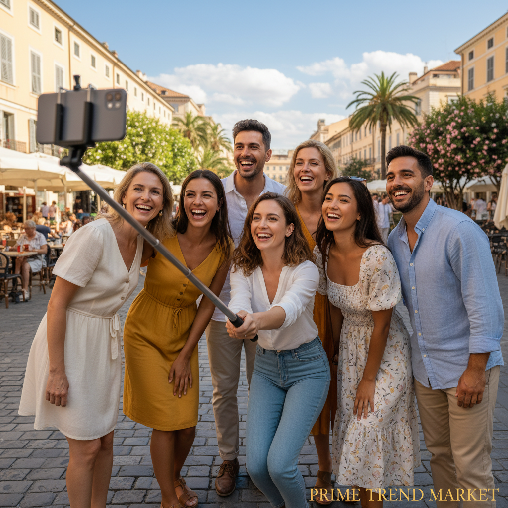Friends Taking Group Selfie Outdoors with Extended Selfie Stick — Prime Trend Market