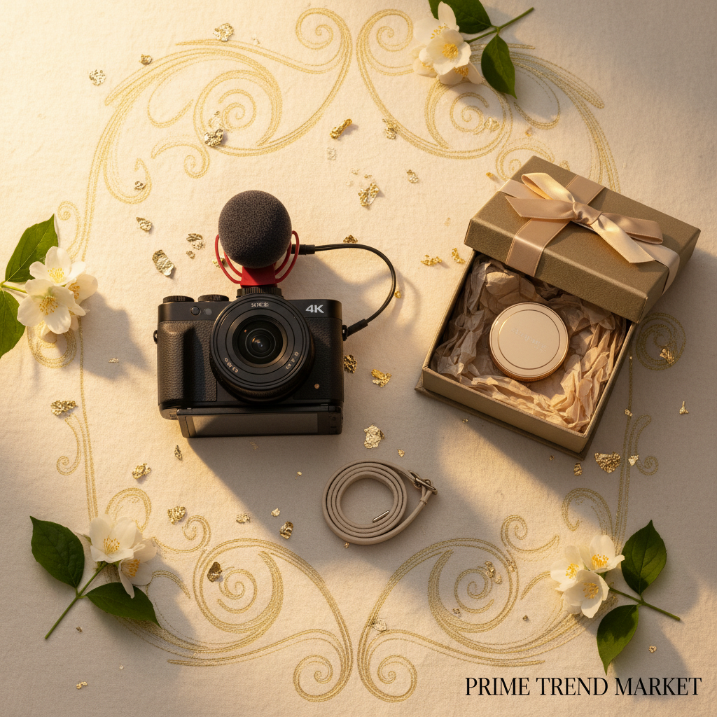 4K Vlogging Camera flat lay with luxury gift box on cream ivory surface