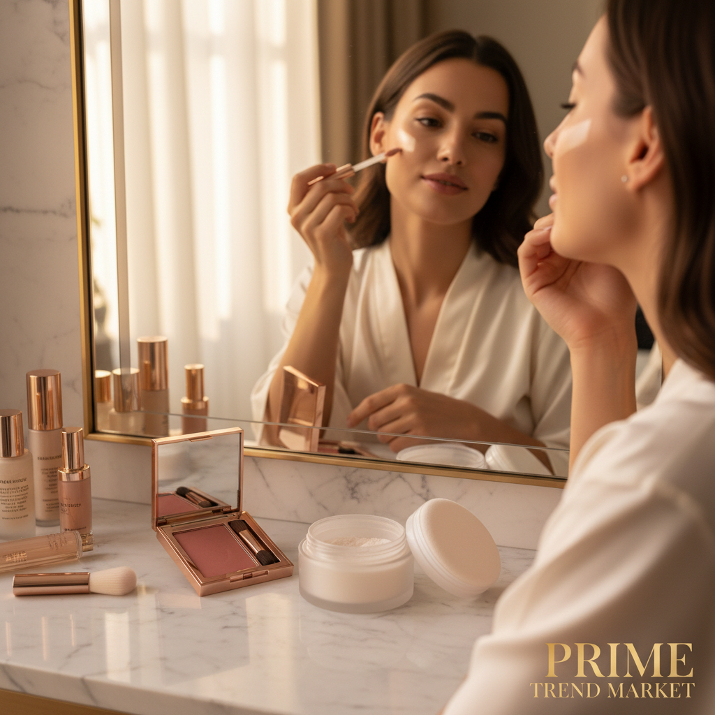 Woman applying highlighter at vanity