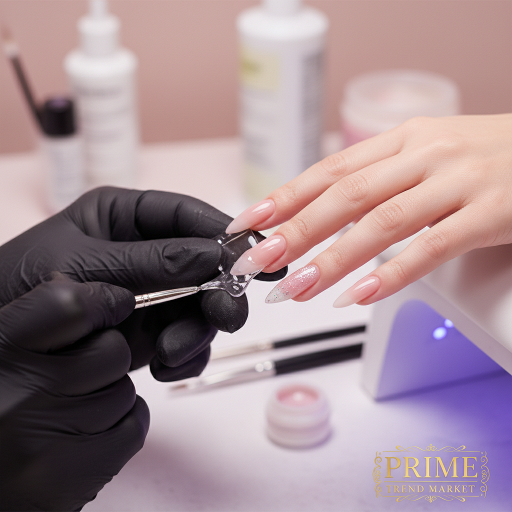 Nail technician sculpting gel extension on nail form