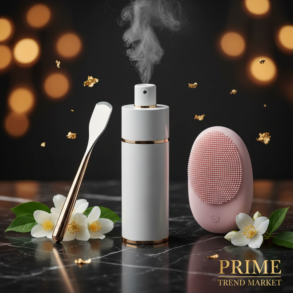 NanoMist sprayer, ultrasonic scrubber and sonic cleansing brush on dark marble with jasmine flowers