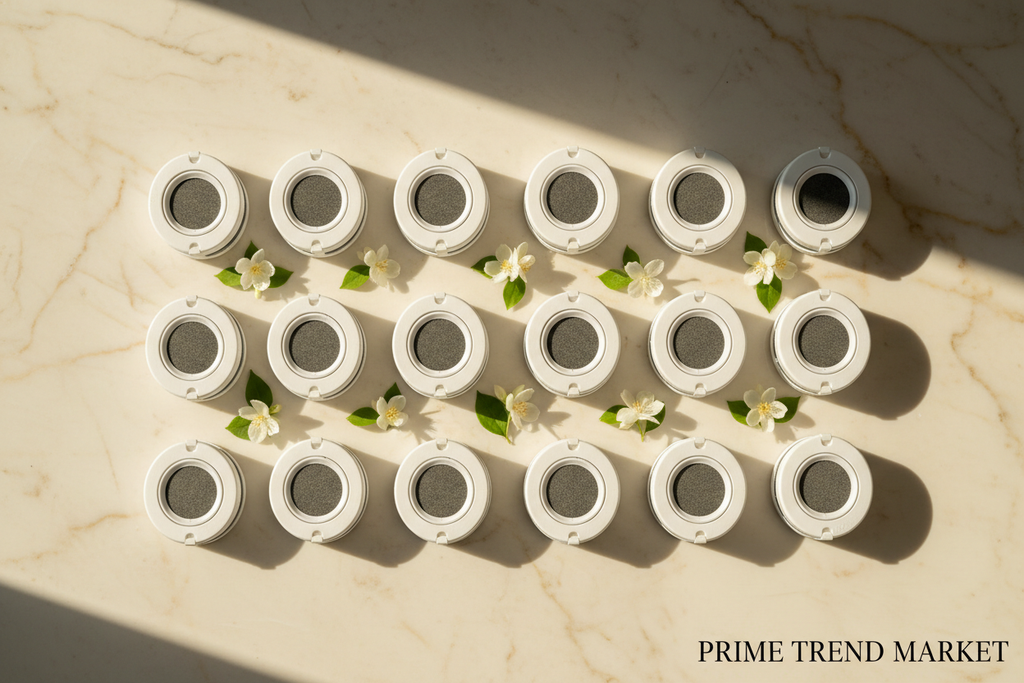 12-piece double wing pet fountain filter set flat lay on cream ivory marble with jasmine blooms