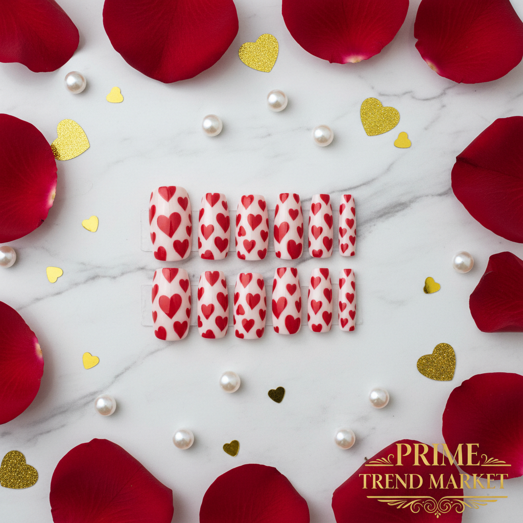 24 PCS red and white heart nail art press-on nails flat lay on white marble with rose petals and gold heart confetti