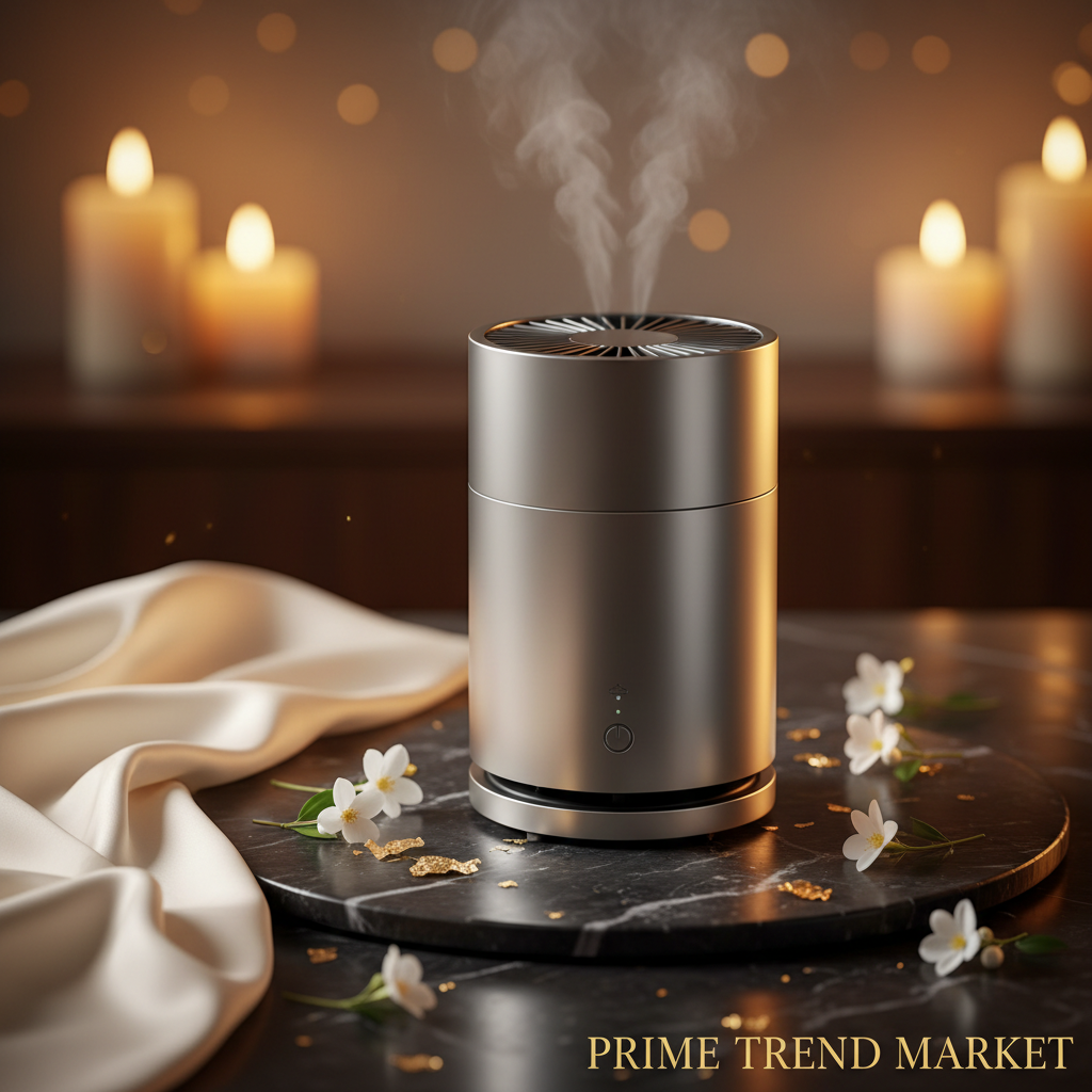 Premium silver gray desktop air purifier on black marble with jasmine flowers - Prime Trend Market