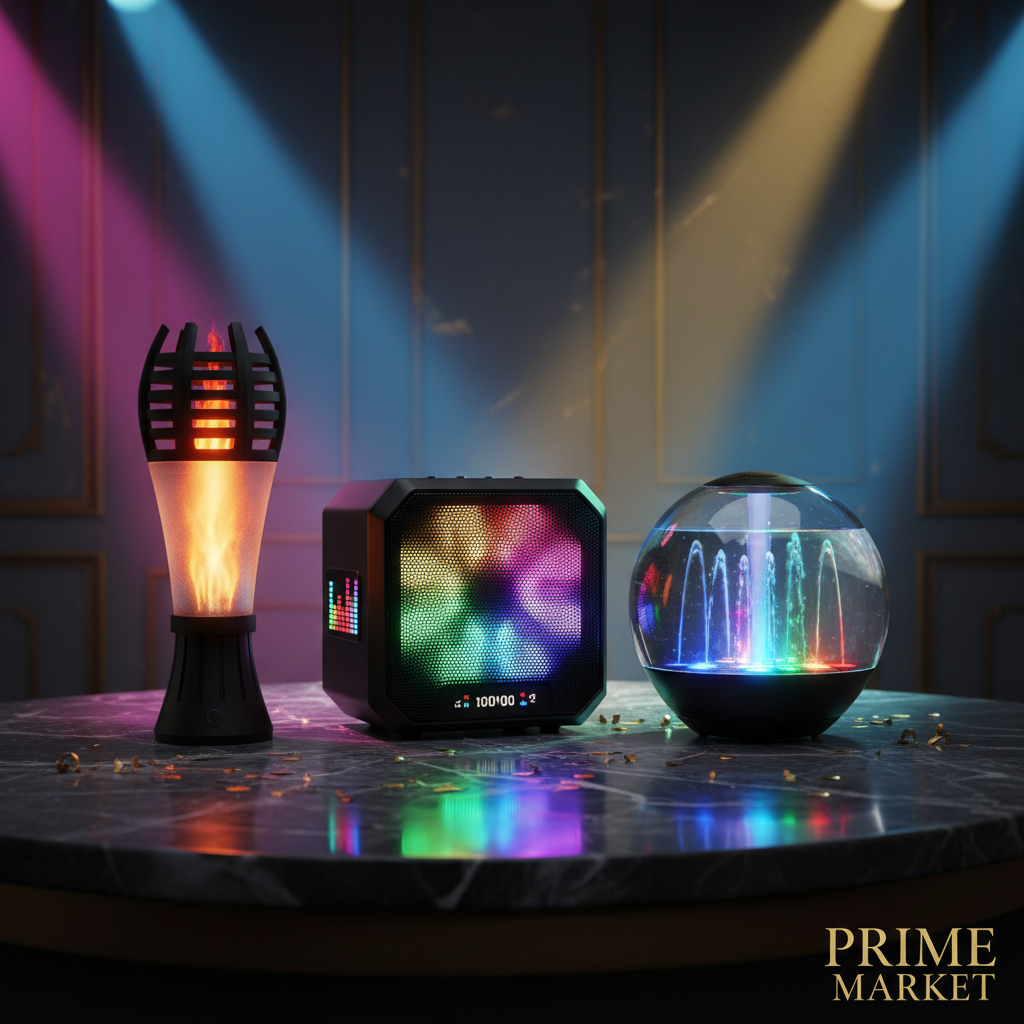 Three party speakers with colorful LED lights on dark marble