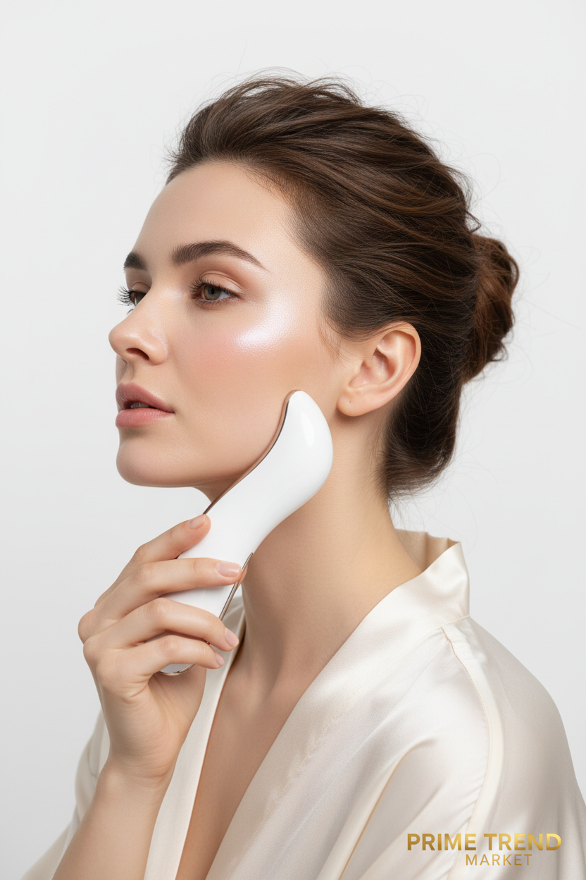 Woman using white face and neck tightening device on jawline with glowing lifted skin — Prime Trend Market