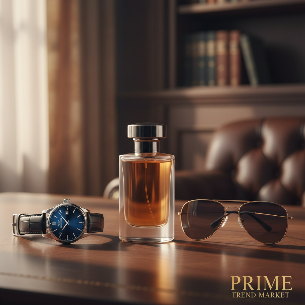 Men's luxury perfume on wooden desk with watch and sunglasses
