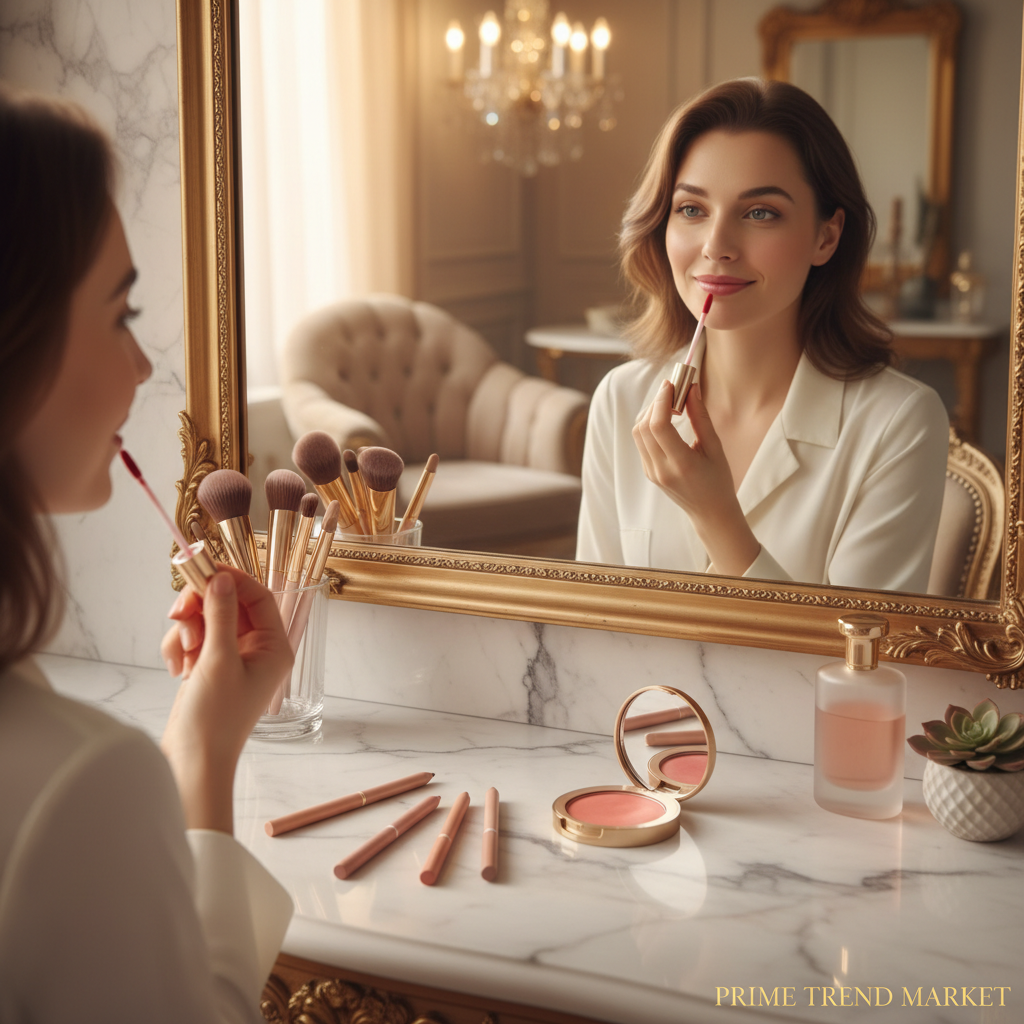 Woman applying lip tint at vanity