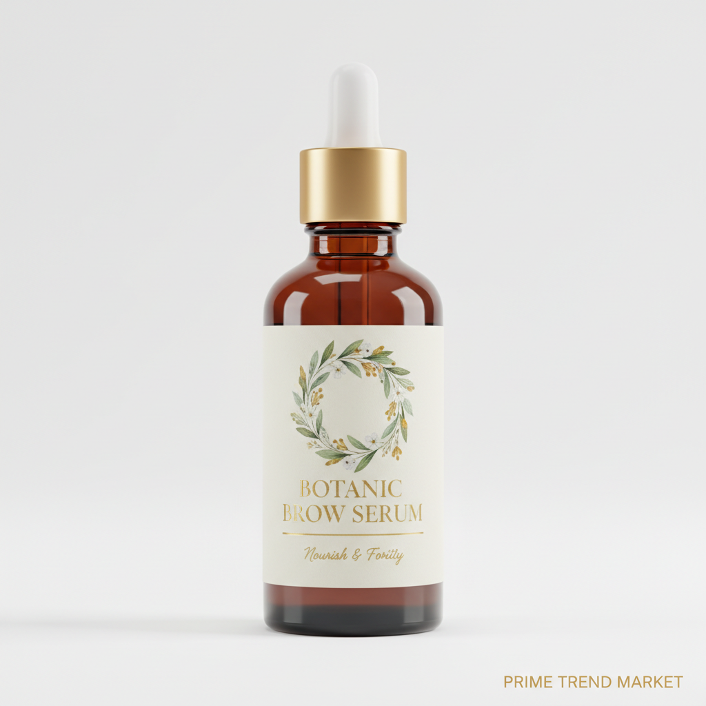Eyebrow growth serum dark glass bottle dropper applicator botanical label product shot