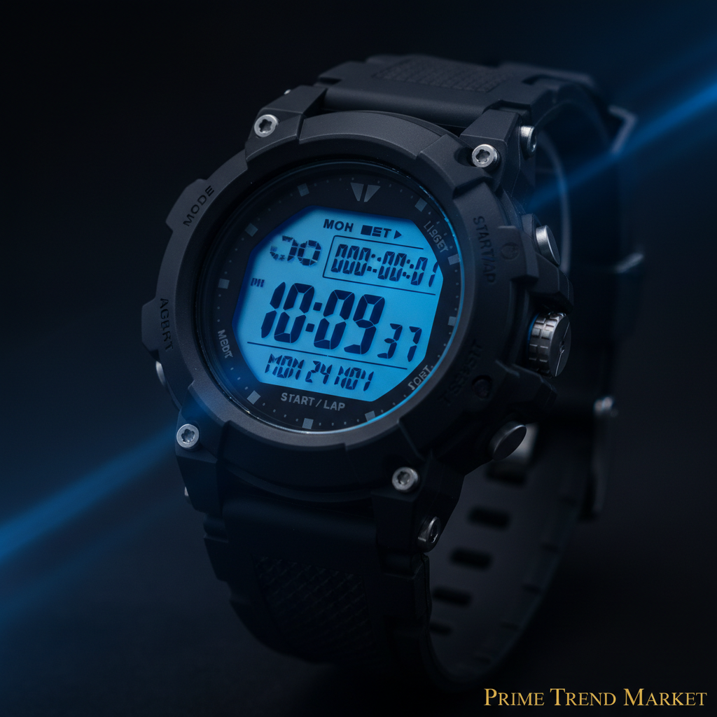 Close-up of military tactical watch face with LED backlight display