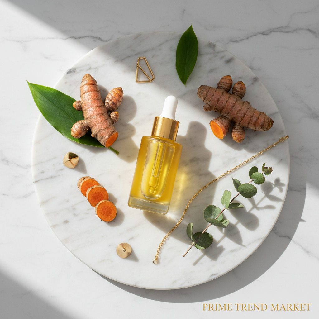 Luxury marble flatlay of turmeric oil serum with fresh turmeric roots and gold accents — Prime Trend Market