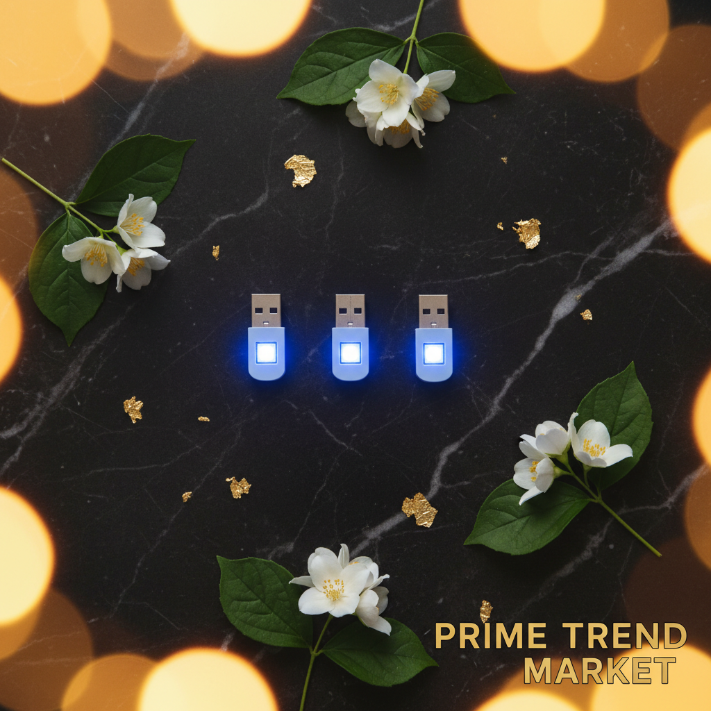 3Pcs Mini Blue LED USB lights flat lay on dark marble with jasmine – Prime Trend Market
