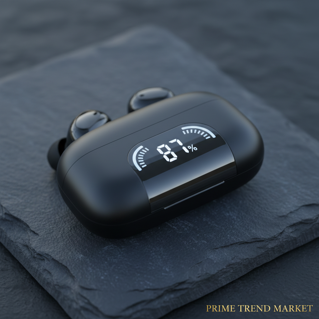 AI translator earbuds LED charging case close-up — Prime Trend Market