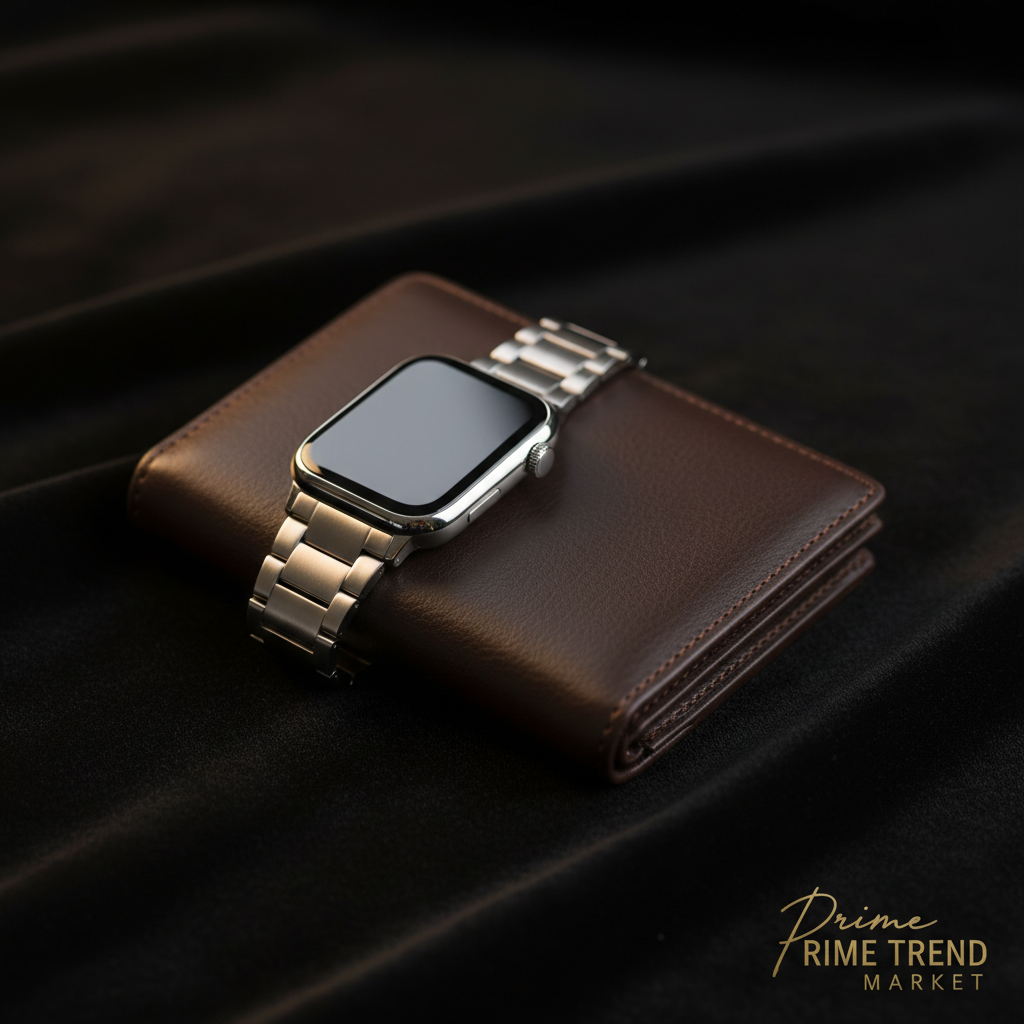 Black velvet luxury product shot smartwatch wallet
