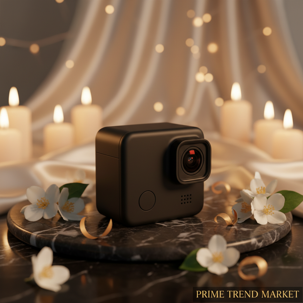 ActionShot compact action camera hero on dark marble with jasmine