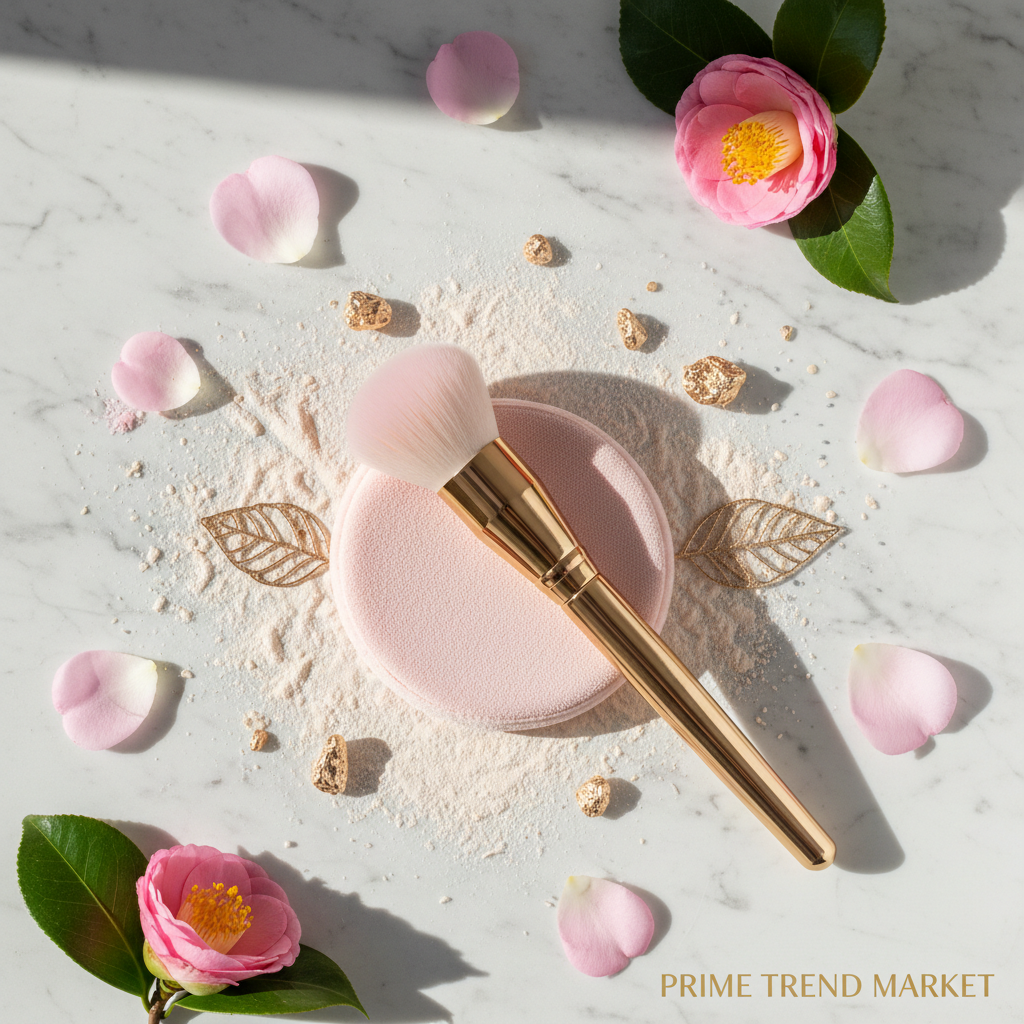 Foundation brush flat lay with loose powder and gold accents on marble
