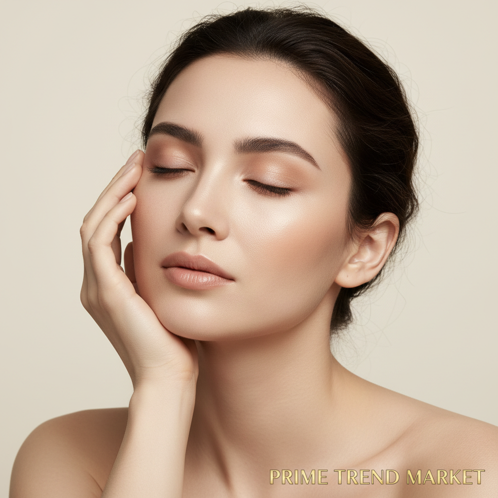 Woman with flawless matte skin touching face gently