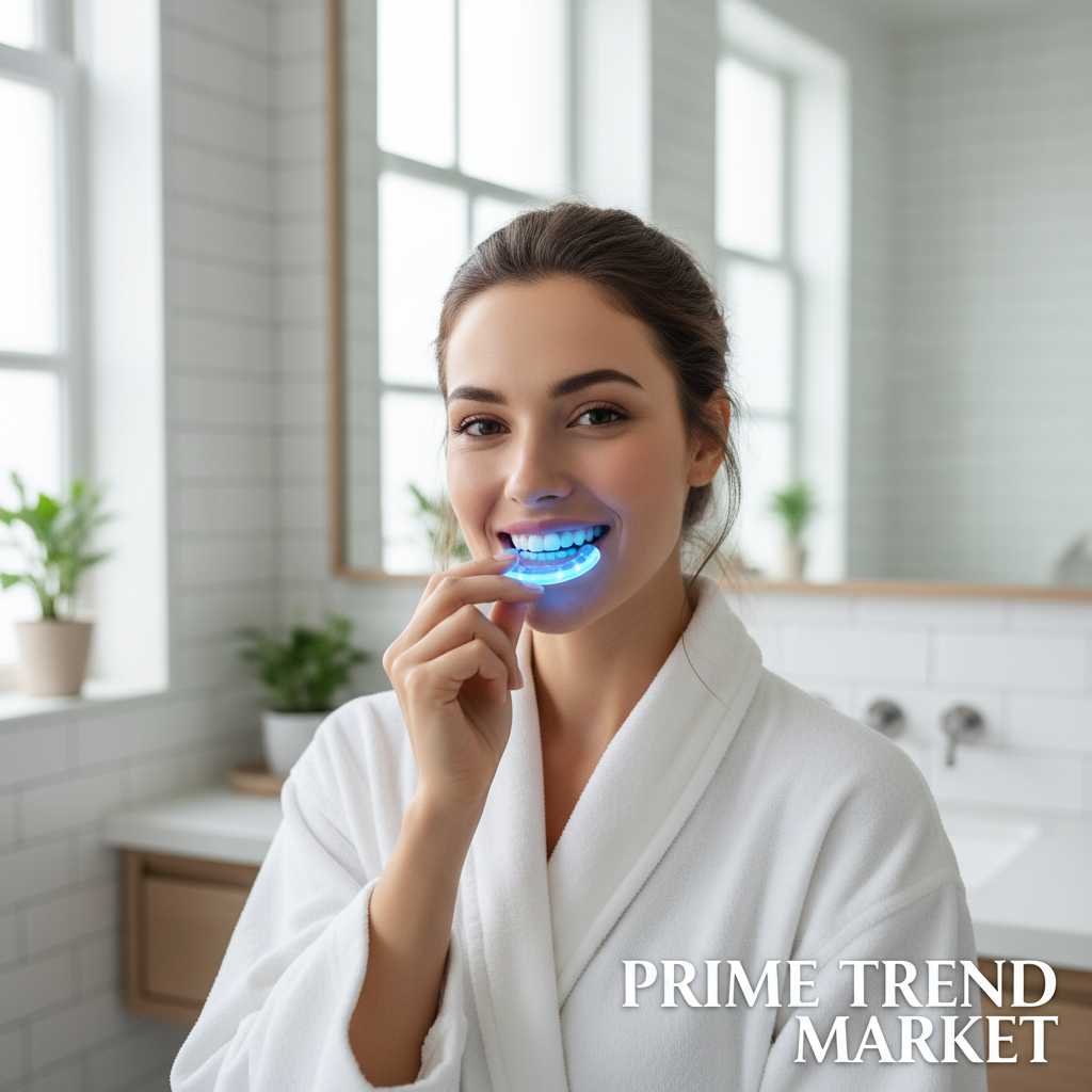 Beautiful woman using U-shaped LED teeth whitening tray glowing blue in bright modern bathroom
