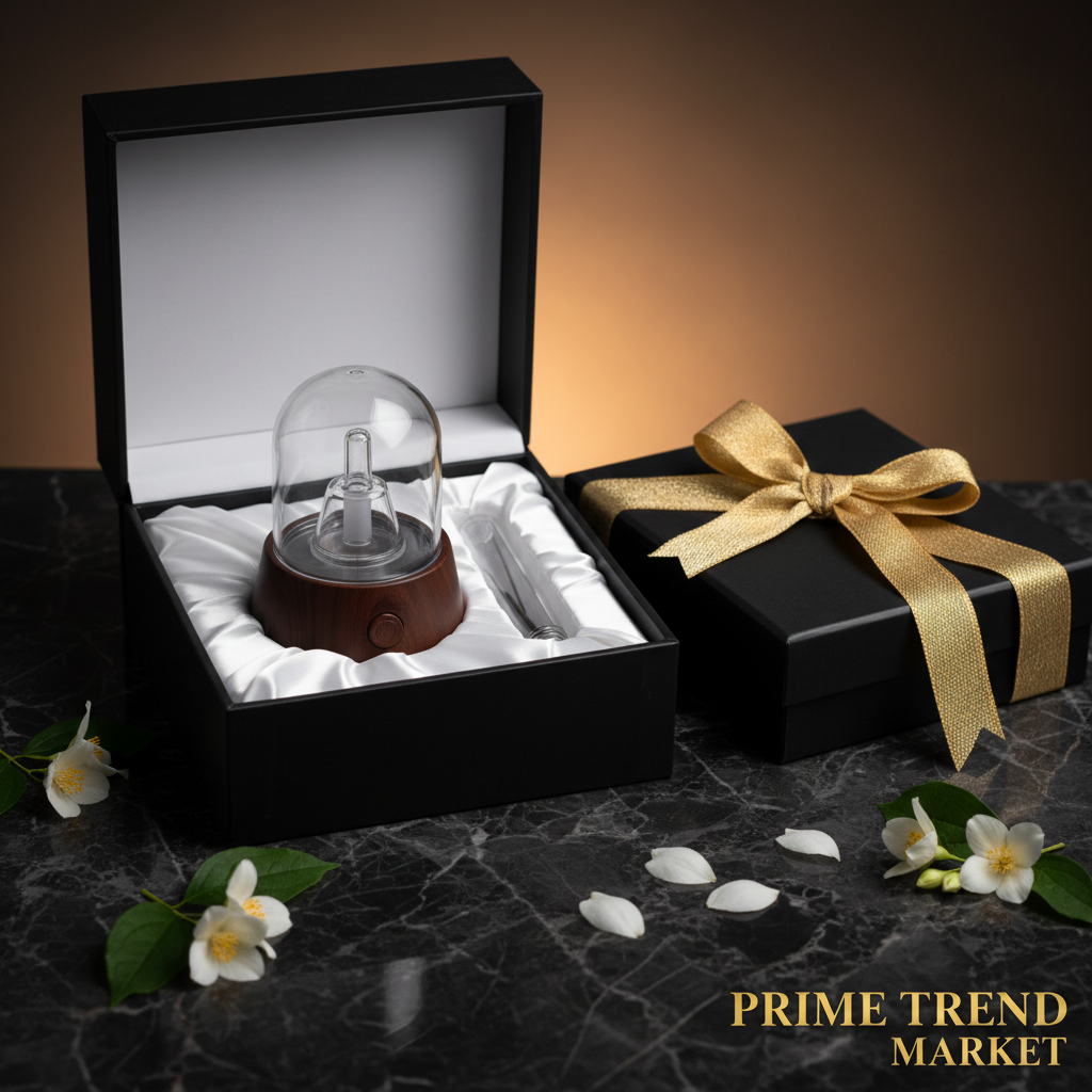 Luxury waterless essential oil aroma diffuser in matte black gift box with jasmine petals and amber light