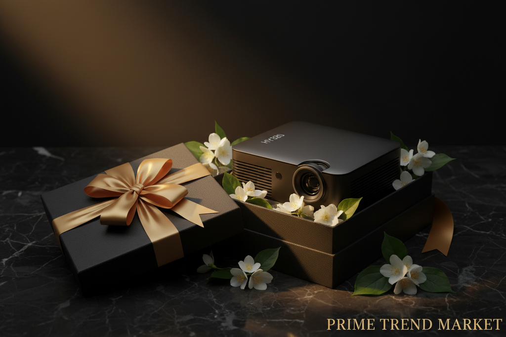 HY320 Mini Projector luxury gift box presentation with gold ribbon and jasmine — Prime Trend Market