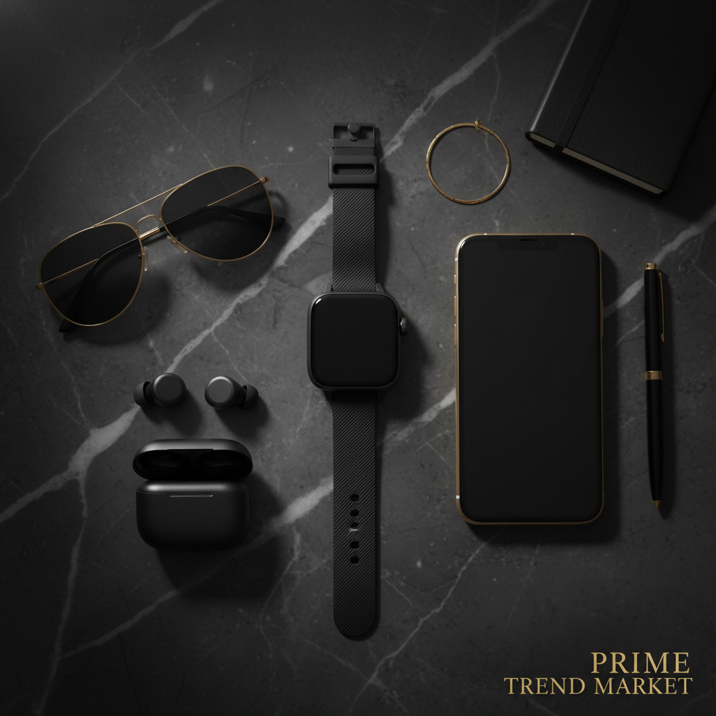 ZL54CJ square smartwatch black flatlay with luxury accessories on dark marble