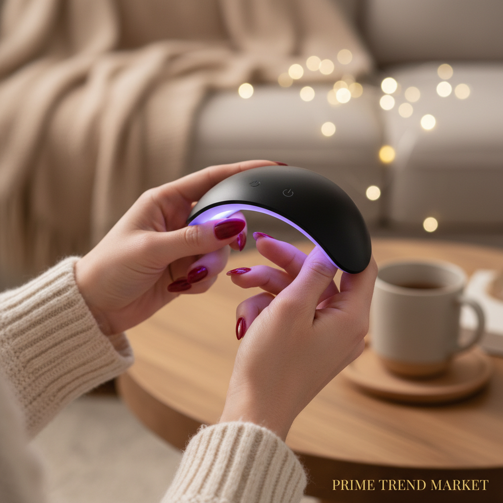 Woman using mini black UV LED nail lamp curing gel nails at home lifestyle
