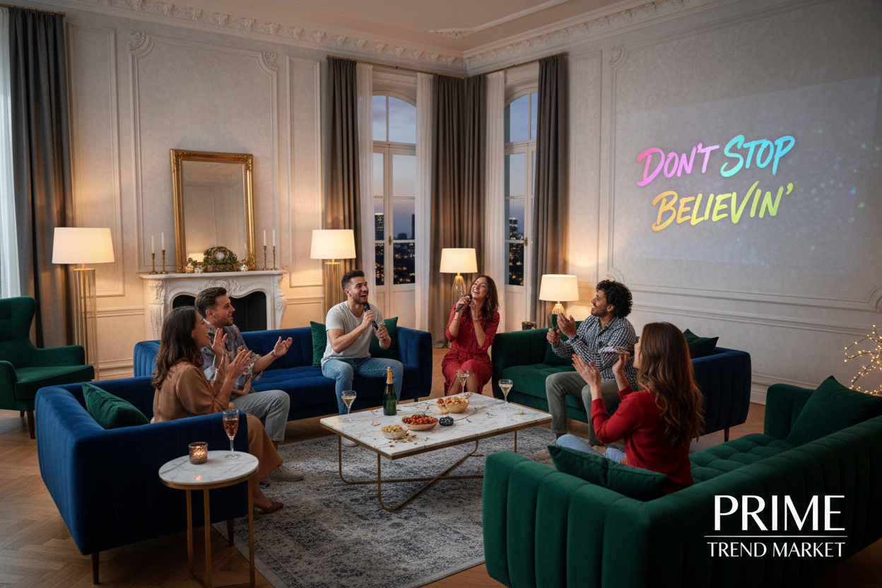 Friends singing karaoke in luxury living room with projector — Prime Trend Market