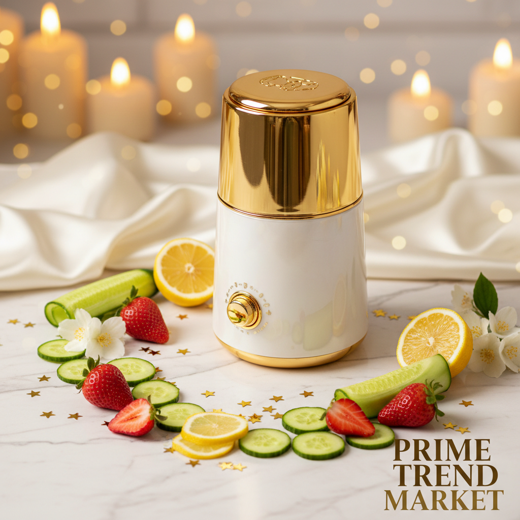 DIY Face Mask Maker with fresh strawberries and lemon on cream ivory marble