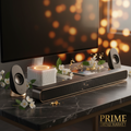 USB laptop speakers, desktop soundbar and white noise speaker on dark marble desk setup