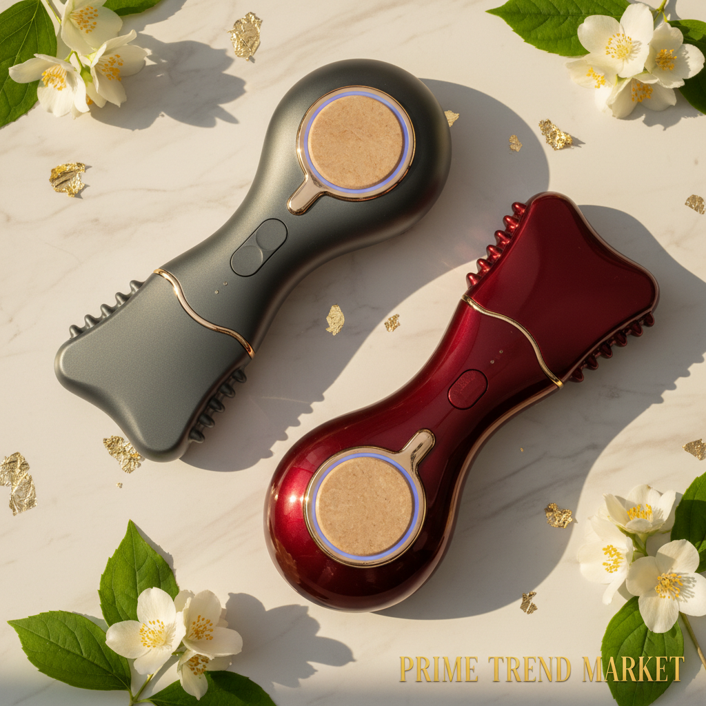 Luxury Electric Cupping & Gua Sha Device slate gray and deep red duo flatlay on white marble