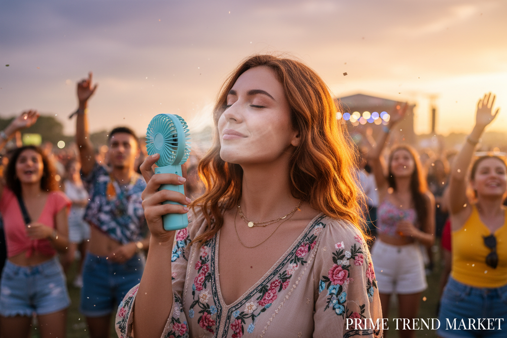 Beautiful woman at summer festival holding light blue turbo jet handheld fan golden hour lifestyle