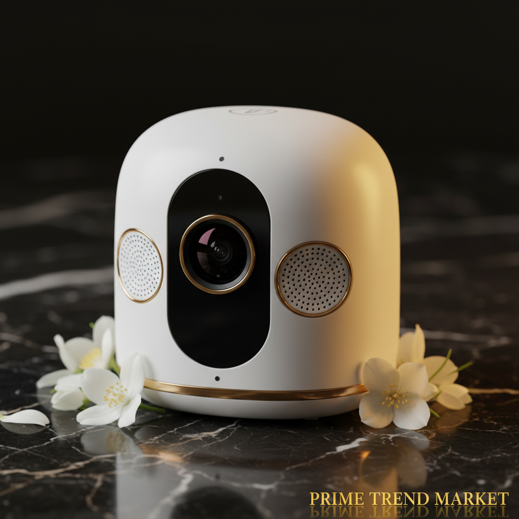 1080P WiFi Pet Baby Monitor Camera close-up lens and speaker detail on black marble