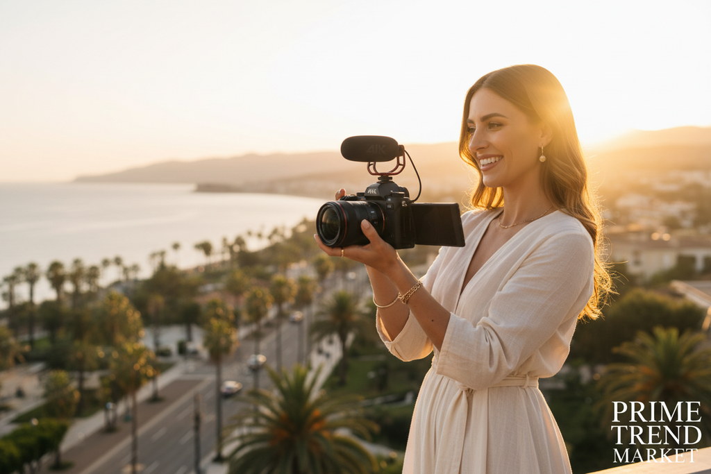Young woman vlogger holding 4K camera at golden hour