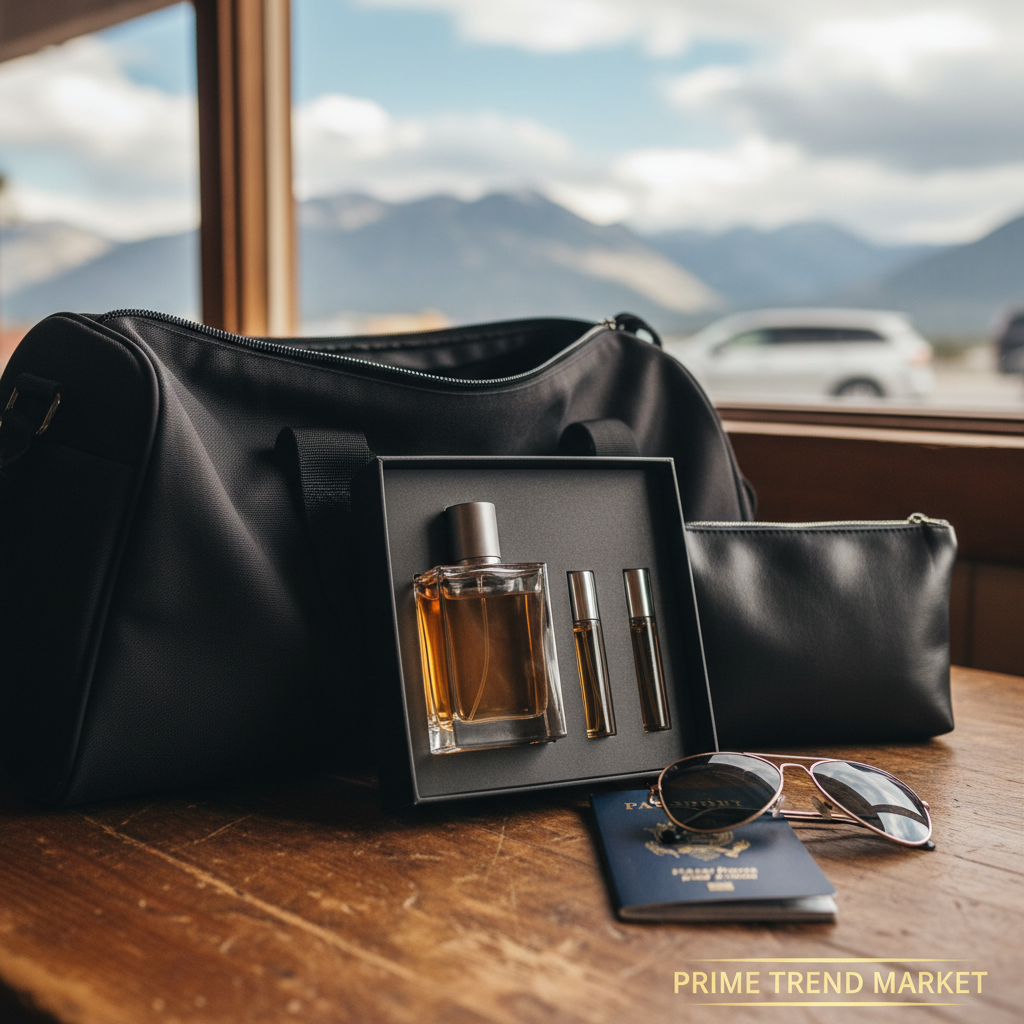 Men's cologne gift set in gym bag with passport and sunglasses